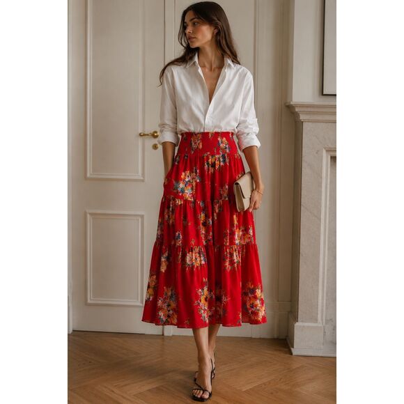 Lauren Ralph Lauren Dresses & Skirts - NWOT Ralph Lauren Red Floral Smocked Tiered Midi Skirt Sm E23